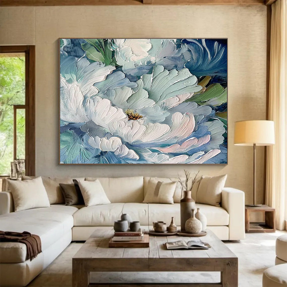 Impasto Blue - White Peony Art for Sophisticated Entryway DLZ3059