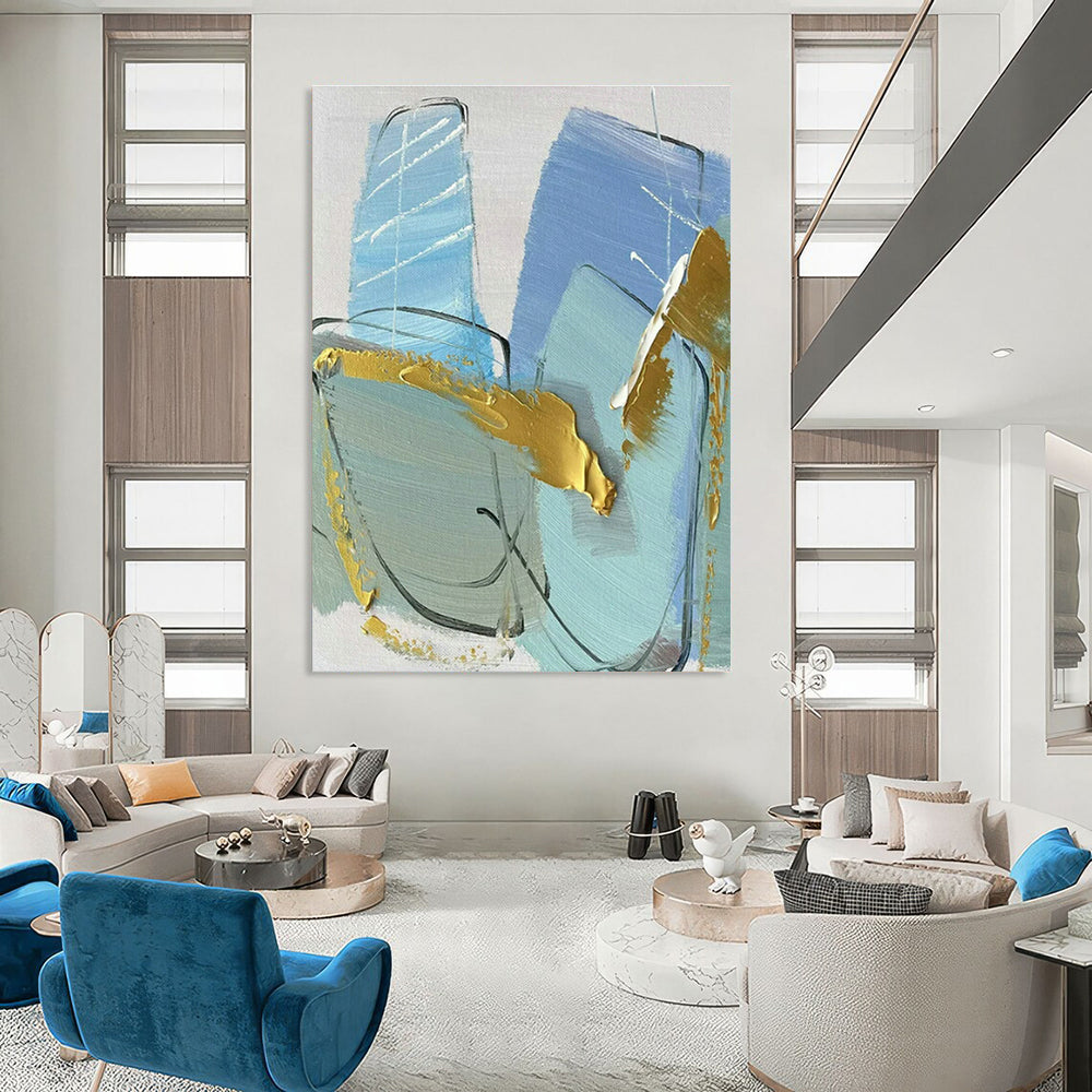 Blue - Gold Abstract Art for Beachfront Villa Living Room & High - End Boutique DLZ1678
