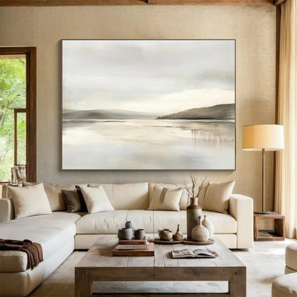 Monochrome Lake View Art for Minimalist Home Office & Serene Reading Nook SC065