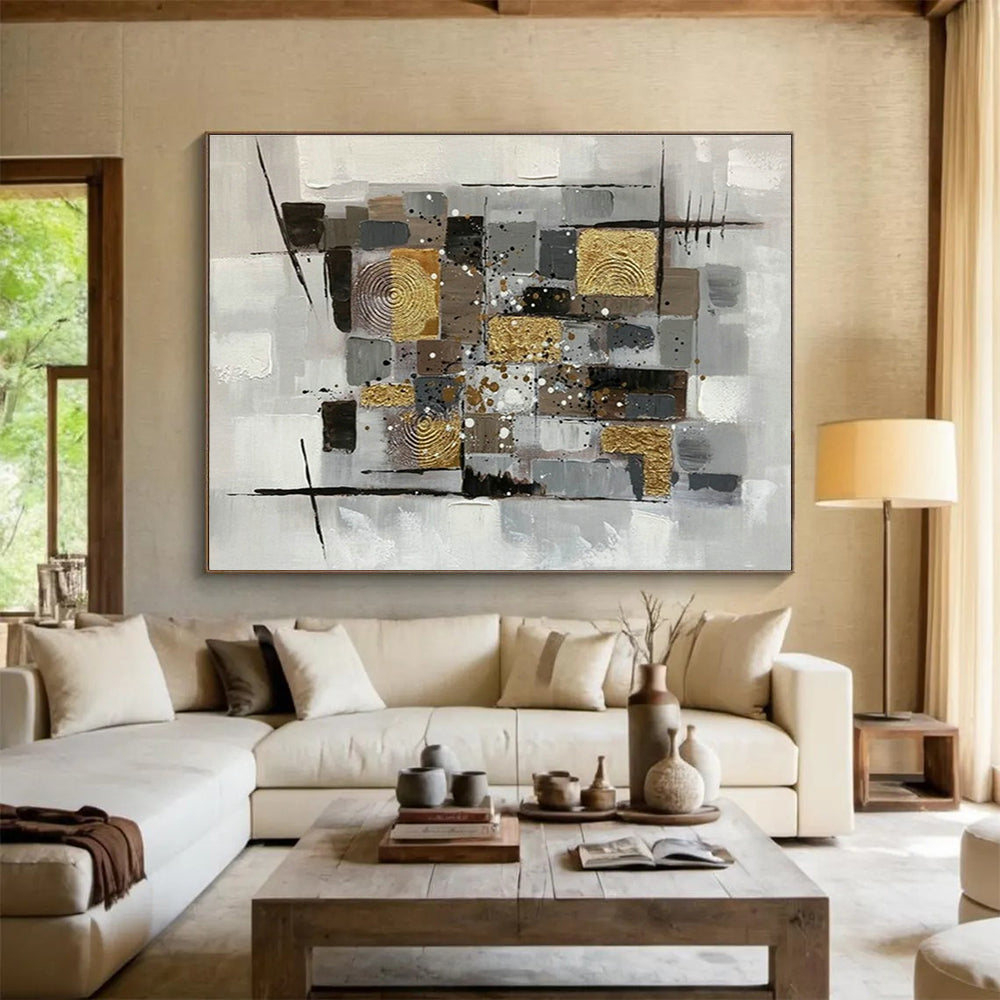 Gold - Grey Geometric Collage Art for Contemporary Study DLZ2737
