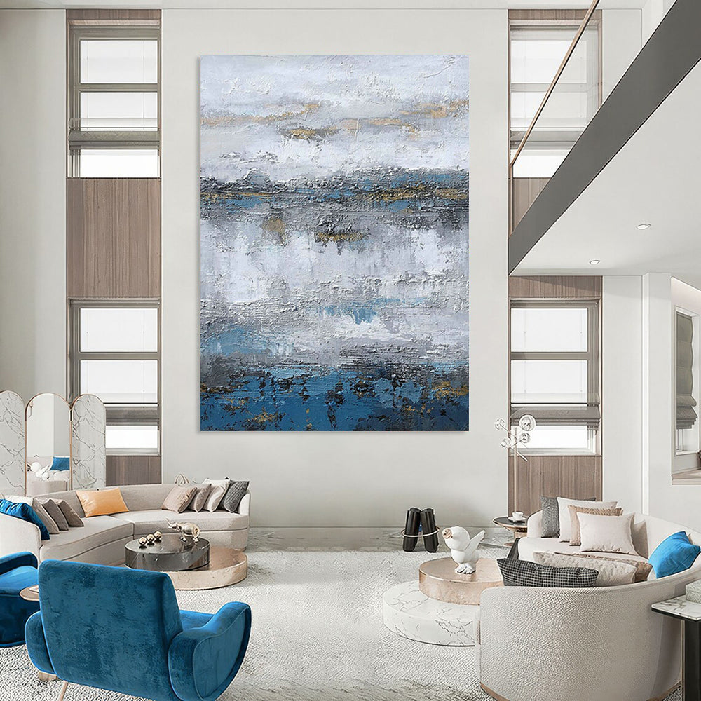 Gray - Blue - Gold Layered Abstract Art for Living Room & Boutique Hotel Lobby DLZ1233