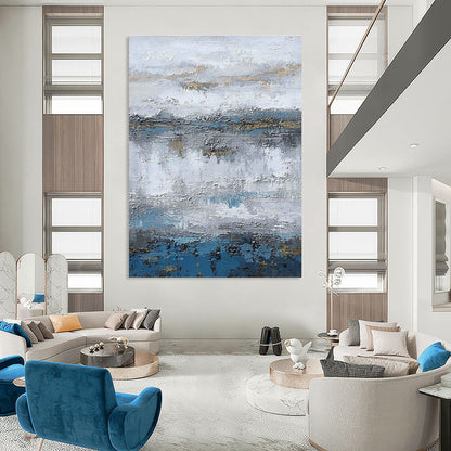 Gray - Blue - Gold Layered Abstract Art for Living Room & Boutique Hotel Lobby DLZ1233