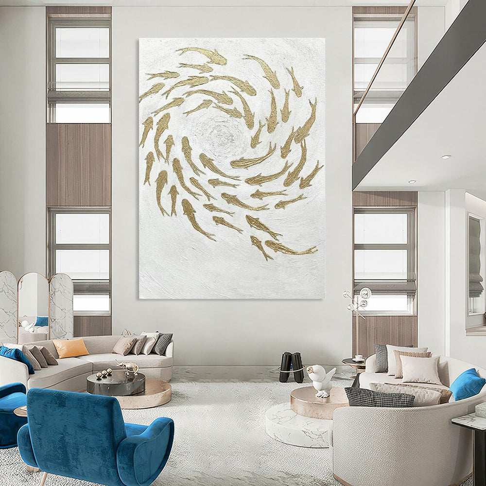 Golden Fish Swirl Art for Feng Shui - themed Home & Luxury Restaurant DLZ2244