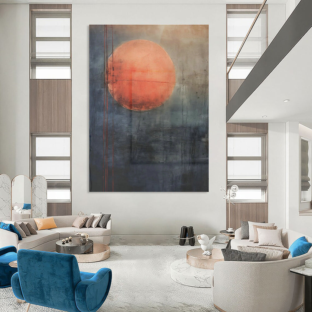 Red Moon on Gray Abstract Art for Bohemian - Inspired Lounge & Mystical Bookstore DLZ0747