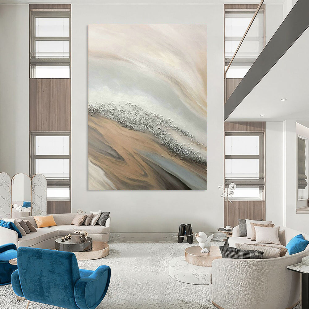 Beige - Silver - Gold Wave Abstract Art for Coastal Home & Beachfront Restaurant DLZ1235
