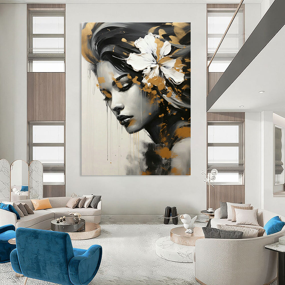 Gold - White Flower Female Portrait for Luxury Beauty Salon & Art - Inspired Home DLZ1822