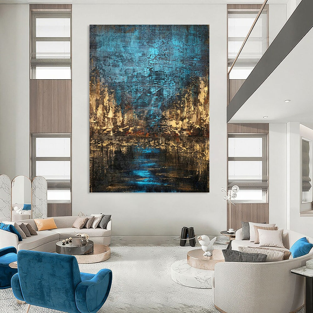 Blue and Brown Urban Nightscape Art for Industrial - Chic Loft & City - Themed Bar DLZ0744