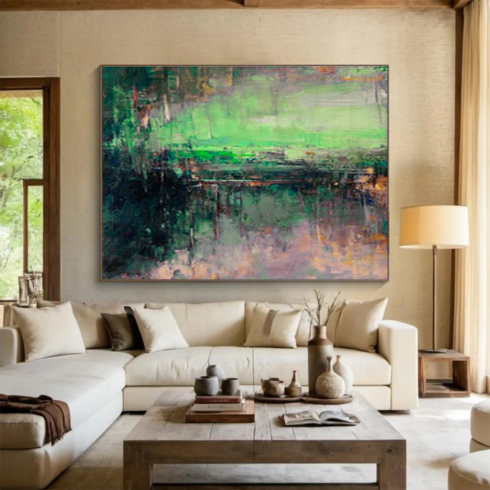 Green - Toned Lakeside Abstract Art for Serene Reading Nook DLZ2779