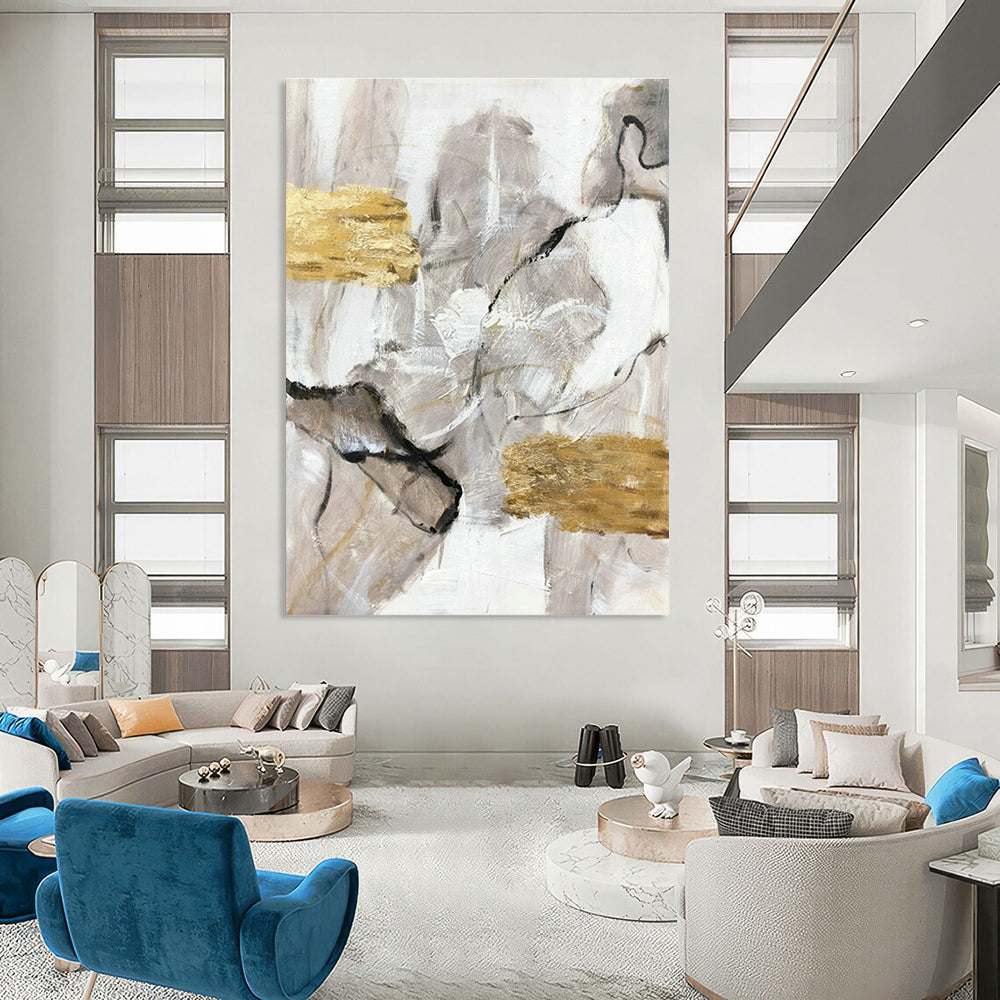 Gray - Gold Abstract Painting for Luxury Hotel Lobby & Art Deco Penthouse DLZ1308