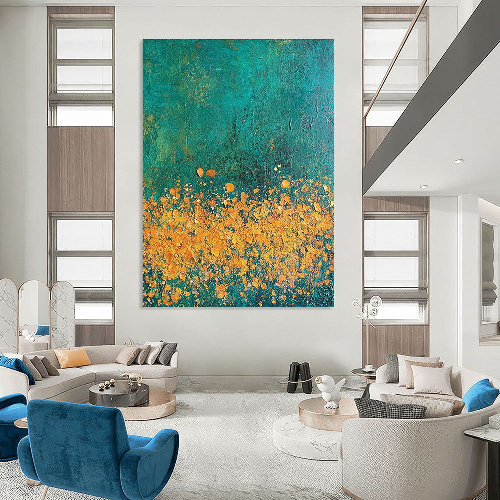 Yellow Flowers on Teal Art for Garden - Themed Café & Nature Lover’s Bedroom STSC1110
