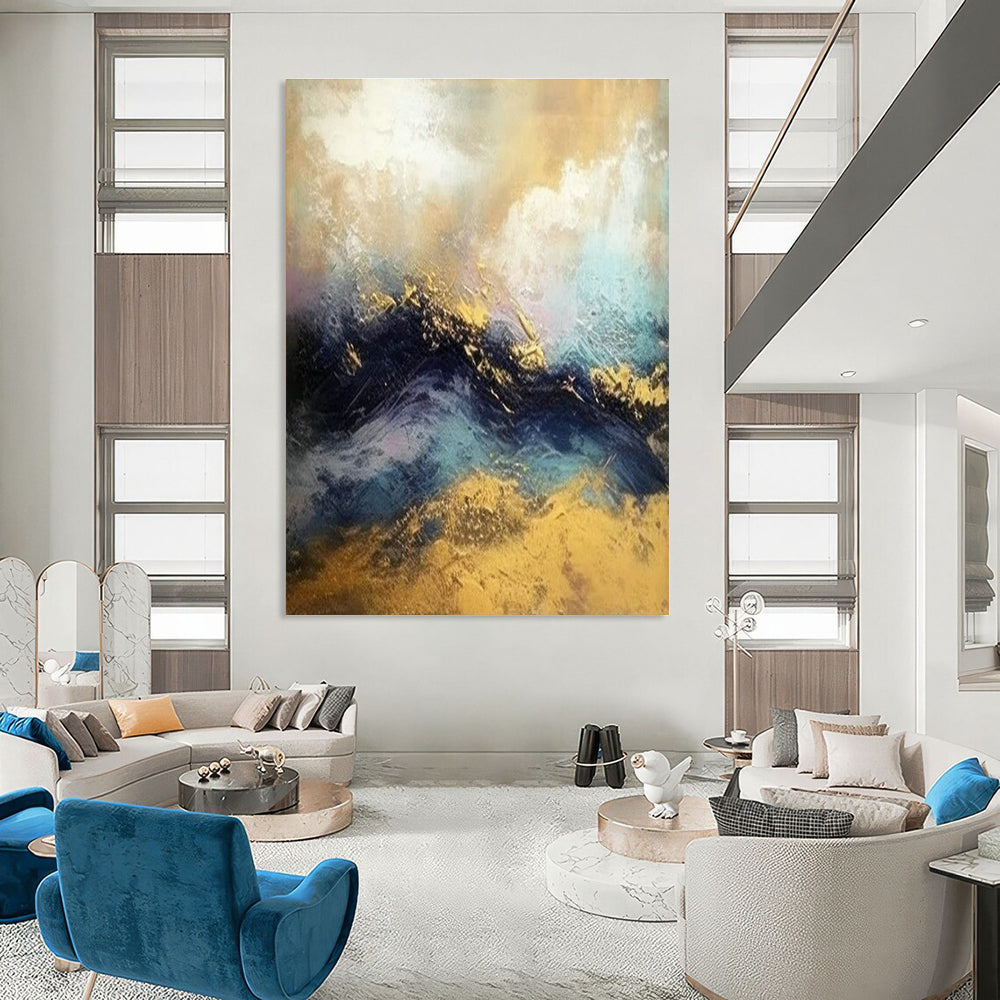Gold - Blue Wave Abstract Art for Beachfront Resort & Luxury Yacht Club DLZ1812