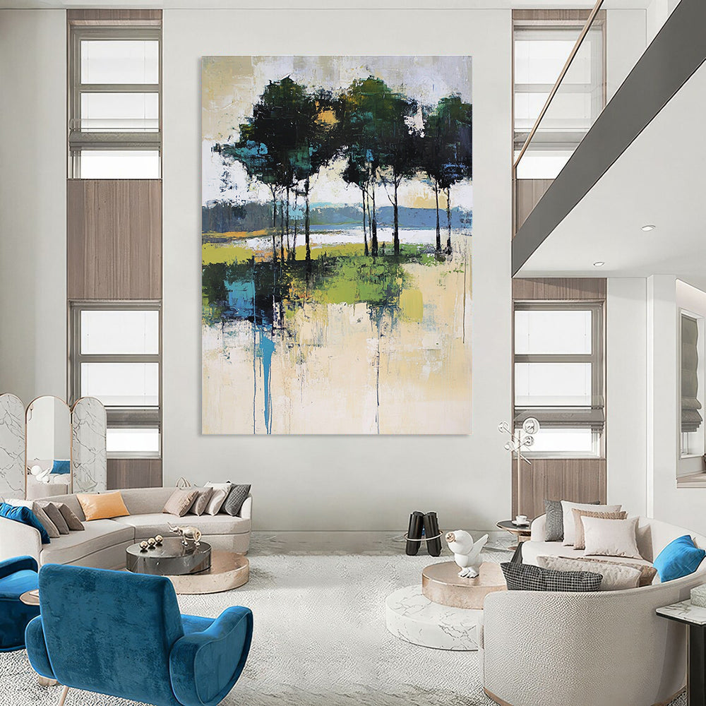 Abstract Tree - Lined Waterfront Art for Lakeside Cottage & Art - Loving Home Office STSC118
