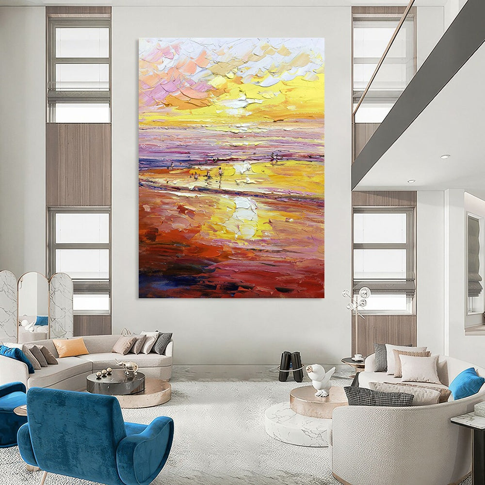 Warm - Toned Beach Oil Painting for Coastal Home & Vacation Rental Lounge DLZ1313
