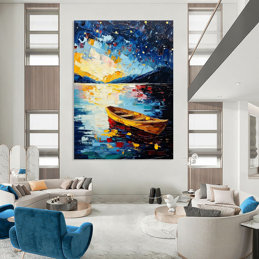 Starry Night Boat on Lake for Romantic Bedroom & Art Gallery Exhibition STSC877