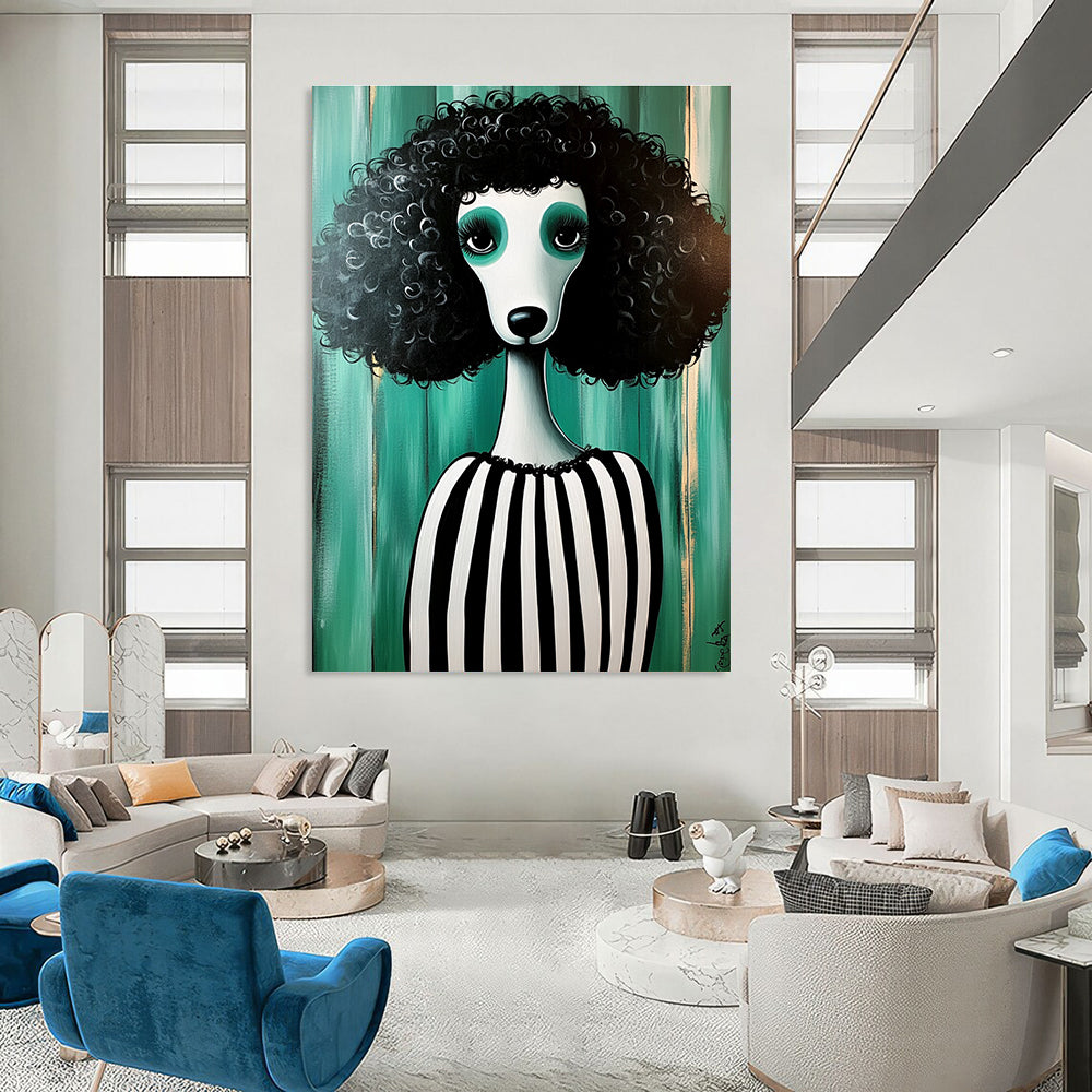 Curly - haired Poodle in Stripes for Quirky Pet Café & Eclectic Home Living Room STSC1000