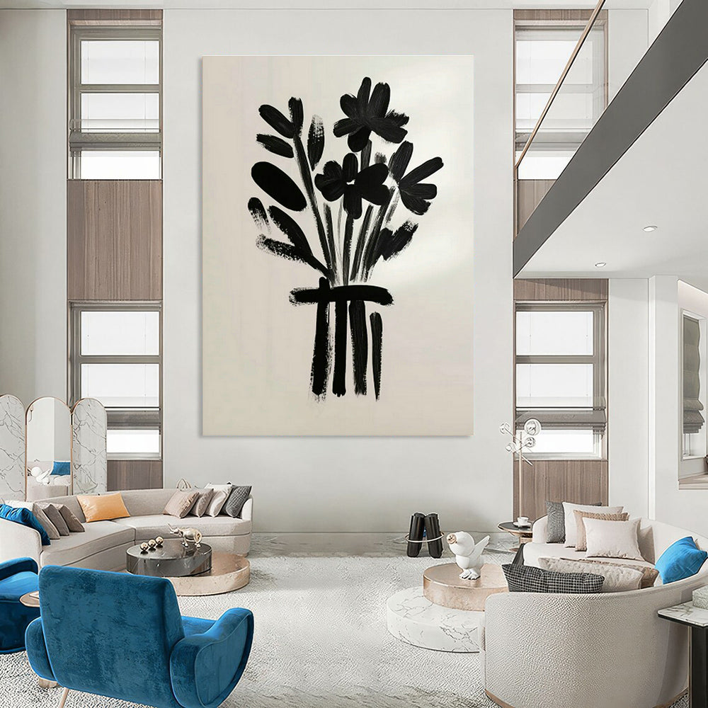 Black Floral Bouquet Art for Modern Minimalist Home & Monochrome Café DLZ0691