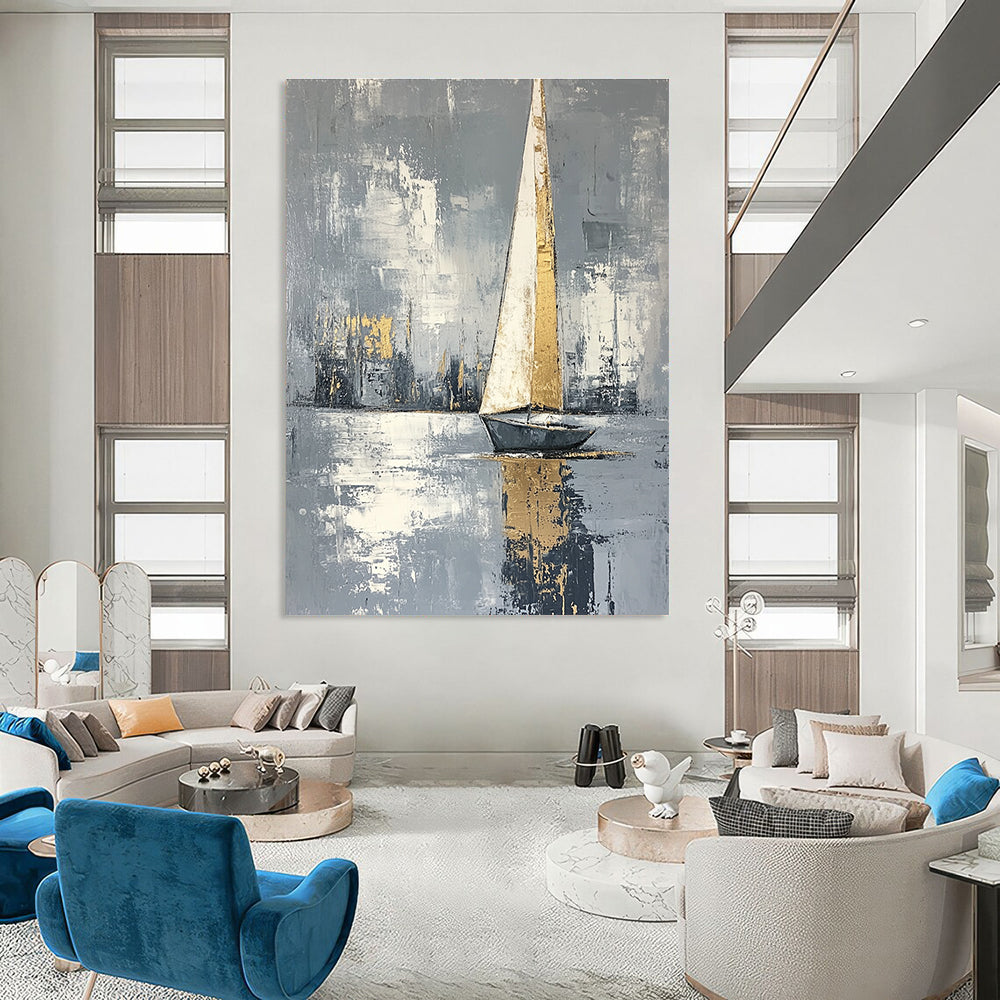 Golden Sailboat on Gray Water Art for Modern Coastal Office & Elegant Home Library STSC1420