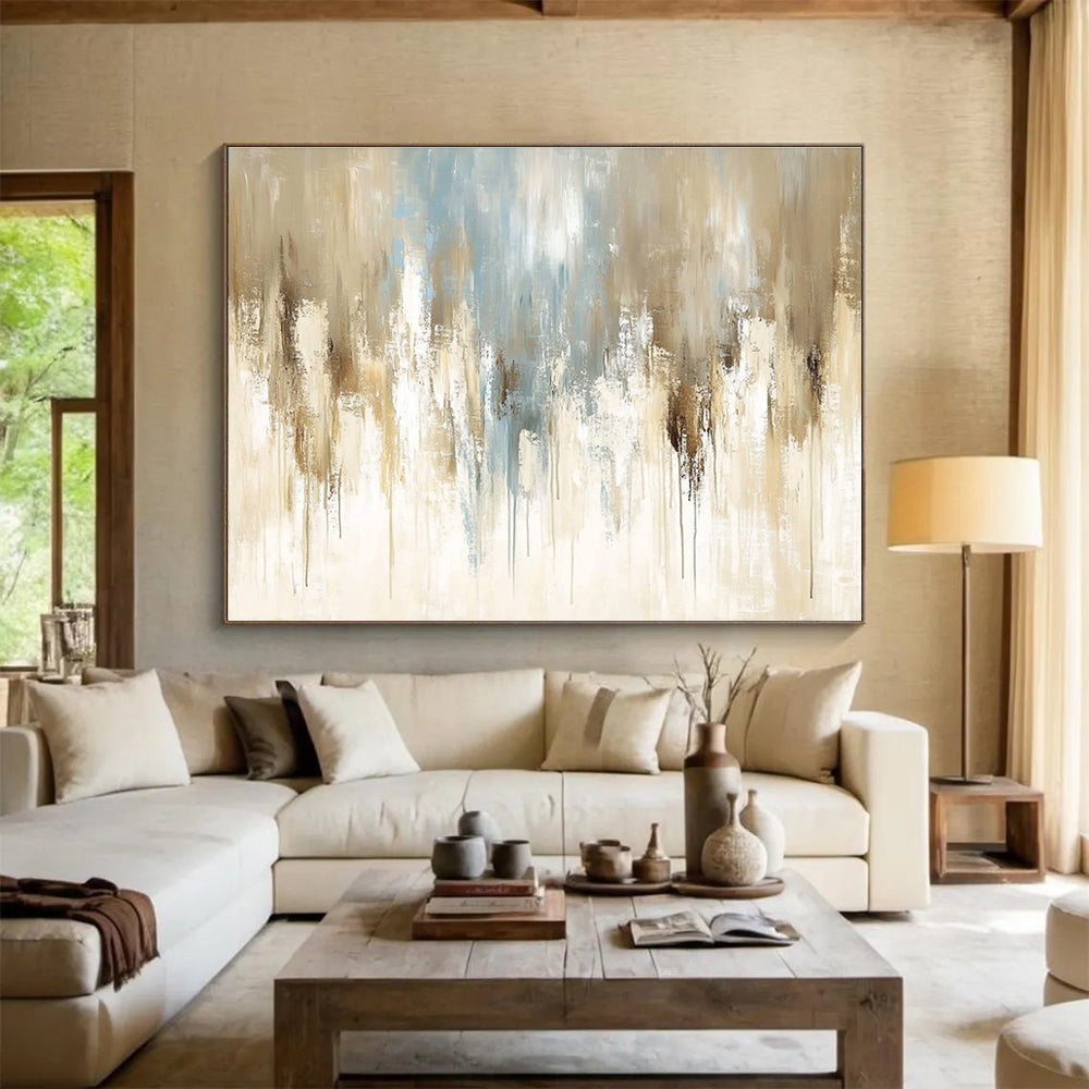 Beige - Blue Abstract Drip Art for Modern Living Room & Art - Inspired Office SC009