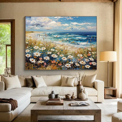 Seaside Flower Field Oil Painting for Relaxing Beach House Bedrooms DLZ2639