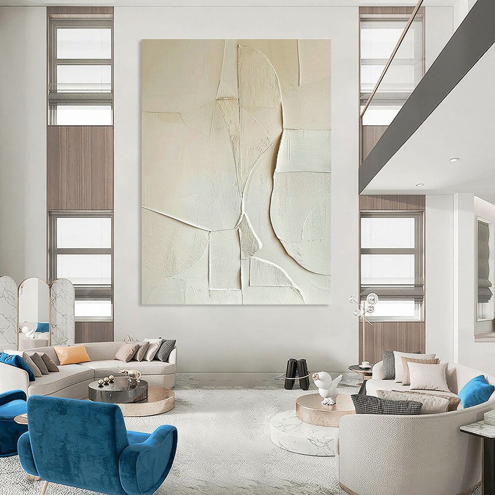 White Geometric Abstract Relief Art for Scandinavian Bedroom & Modern Art Gallery DLZ1321