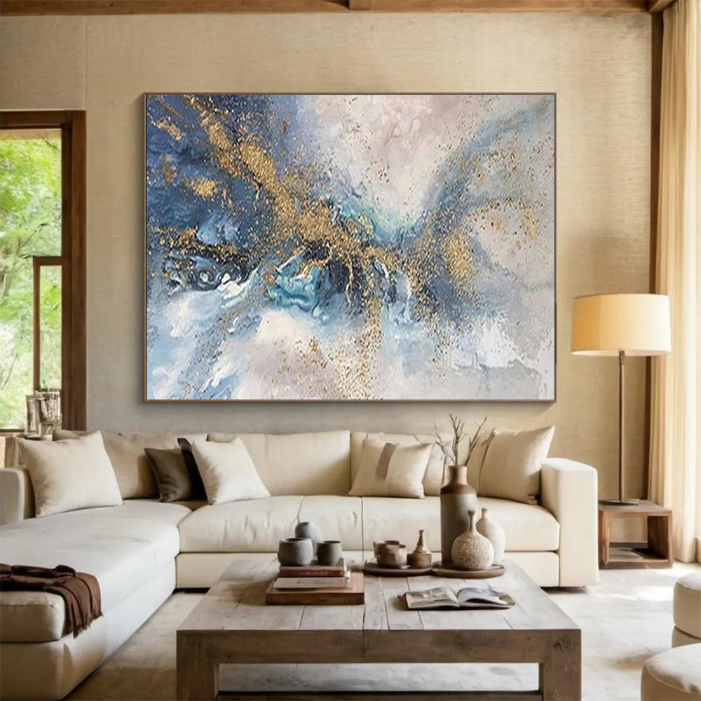Blue - Gold Splash Abstract Art for Luxury Hotel Lobby Statement Walls DLZ3277