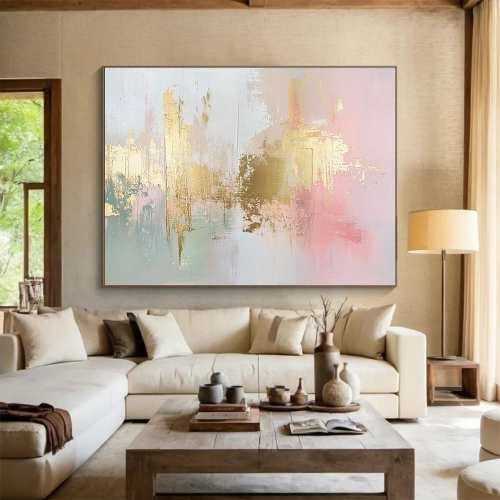 Gold - Accented Pastel Abstract Art for Chic Home Office & High - End Café SC283