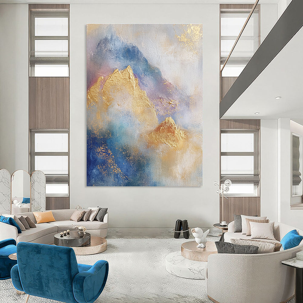 Gold and Blue Abstract Mountains for Luxury Ski Lodge & Elegant Home Library STSC446