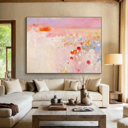 Pink Flower Field Abstract Art for Romantic Wedding Venue & Feminine Bedroom SC350