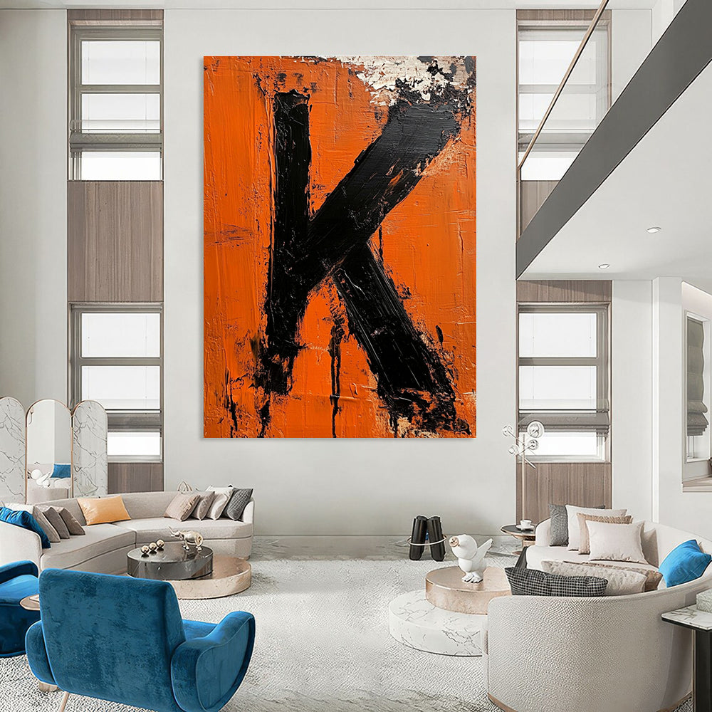 Orange and Black “K” Painting Art for Industrial - Style Bar & Personalized Home Office STSC1326
