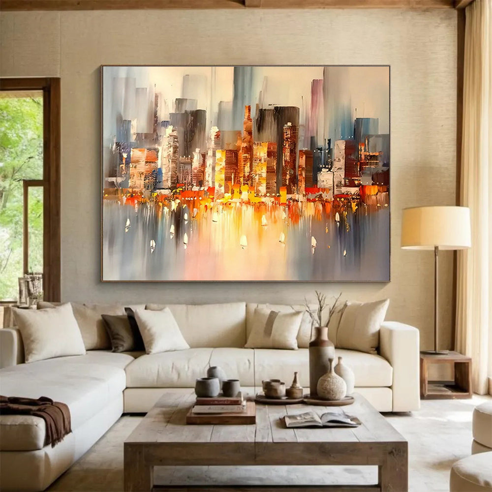 City Night View Abstract Art for Modern Penthouse Living Room Walls DLZ3283