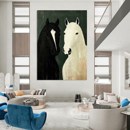 Black and White Horses Art for Rustic Farmhouse Living Room & Equestrian Club Lounge DLZ1010