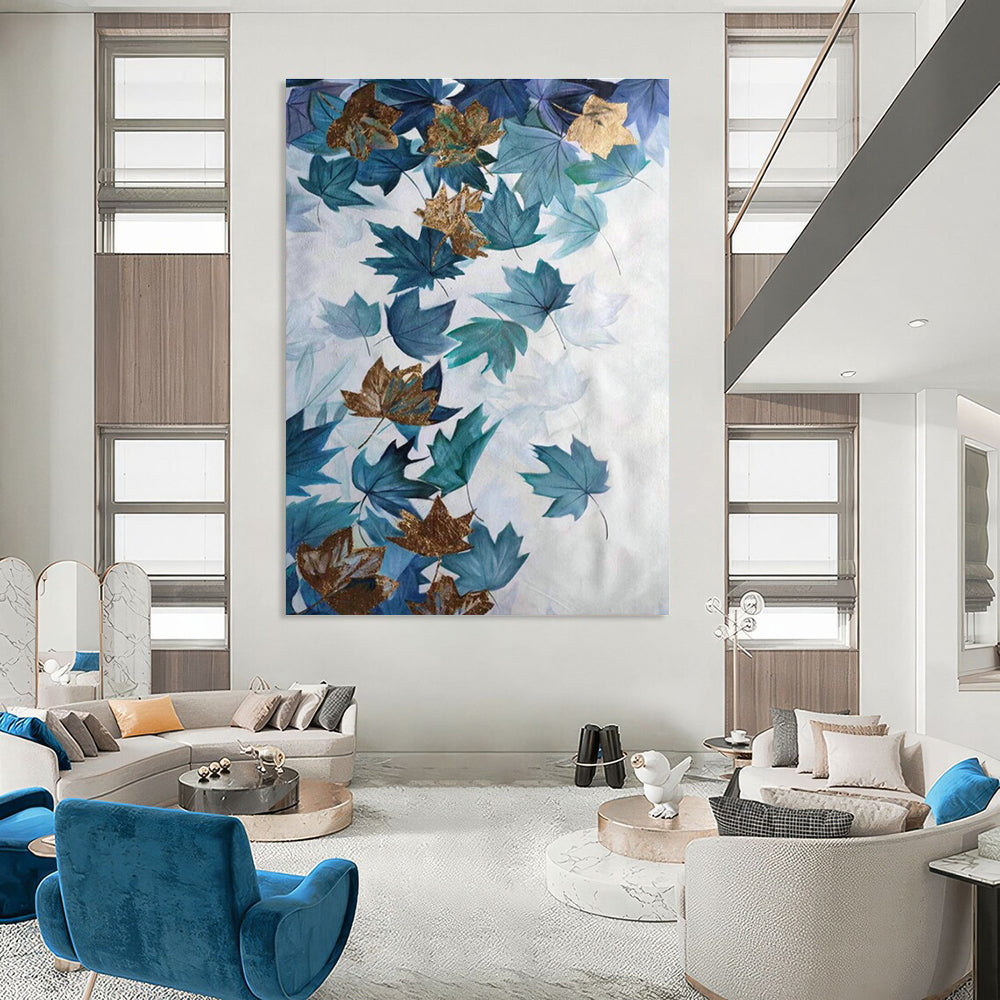 Blue - Gold Maple Leaf Abstract Art for Autumn - Themed Café & Nature - Lover’s Home DLZ0774