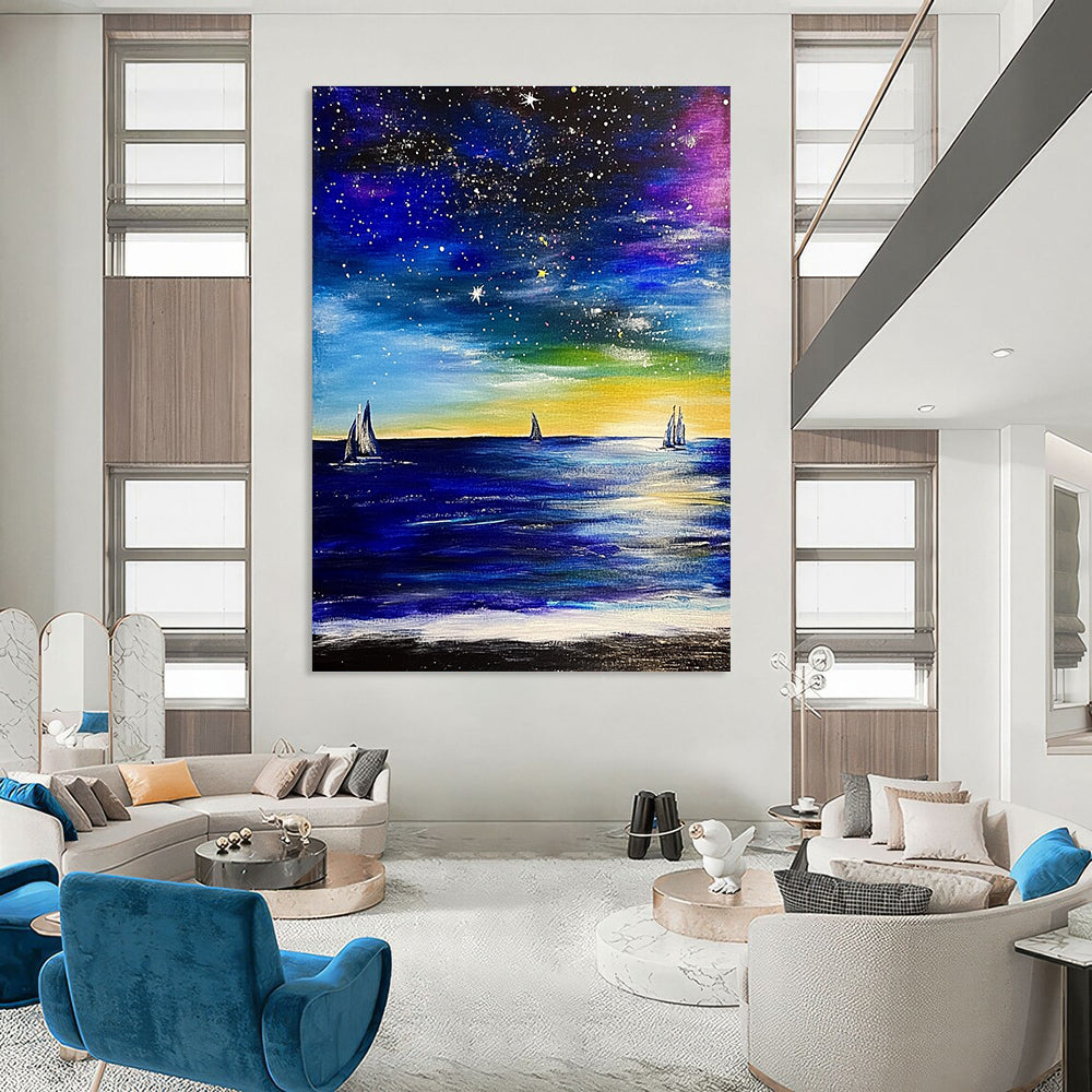 Starry Sea with Sailboats for Coastal Bedroom & Nautical - Themed Lounge STSC851