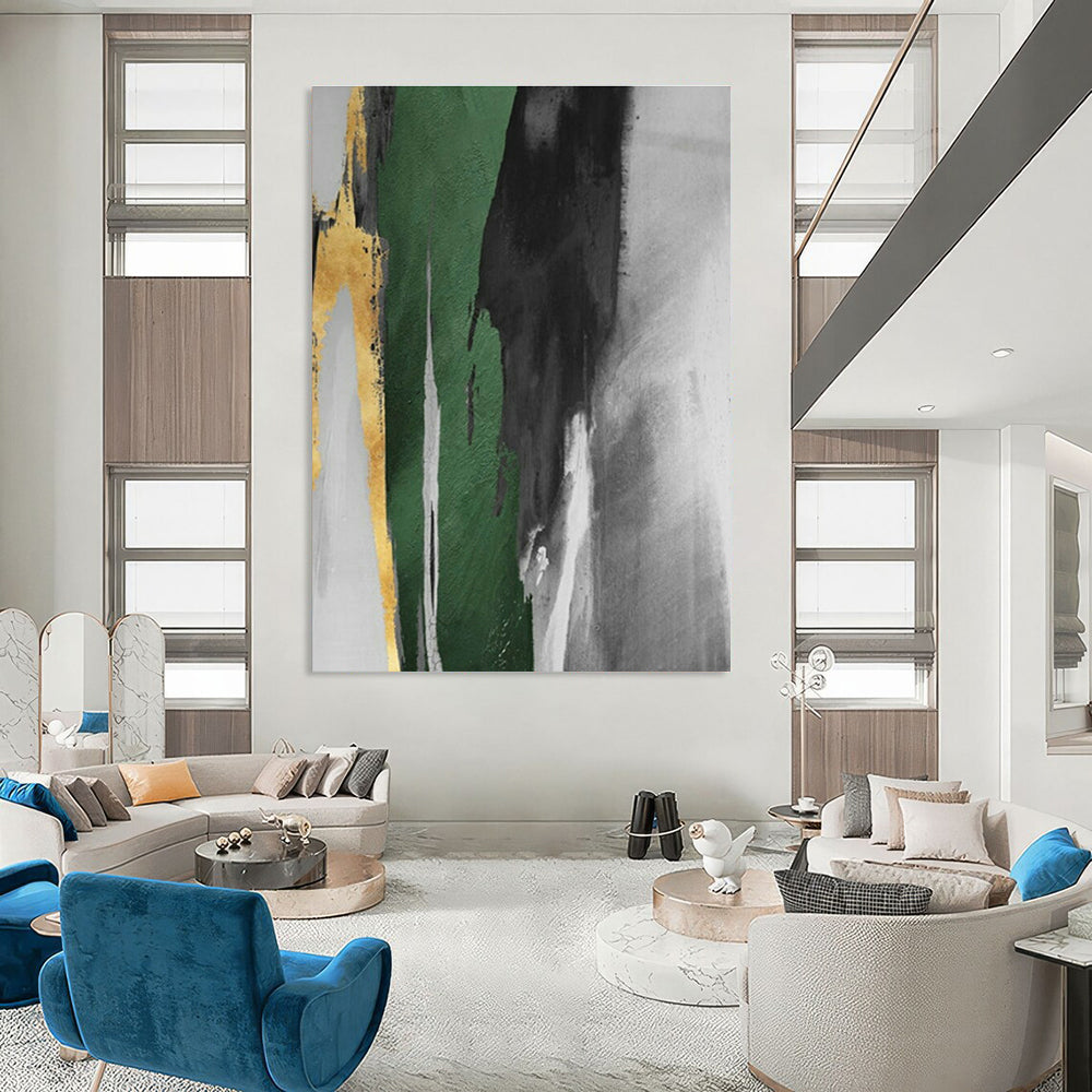 Gold - Green Abstract Strokes Art for Luxury Hotel Lobby & Modern Home Office DLZ1482
