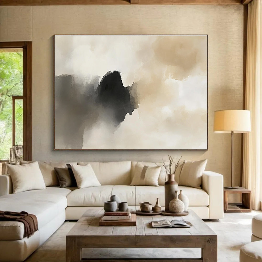 Beige - Black Abstract Clouds Art for Minimalist Bedroom & Serene Spa SC222