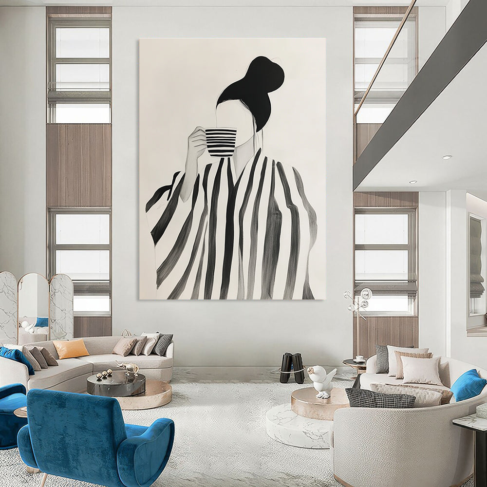 Woman with Striped Robe and Cup Art for Fashion - Forward Boutique & Cozy Reading Nook STSC1344