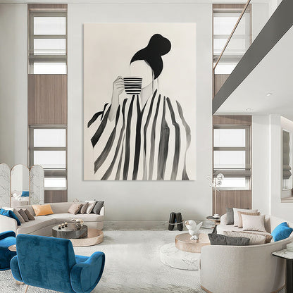 Woman with Striped Robe and Cup Art for Fashion - Forward Boutique & Cozy Reading Nook STSC1344