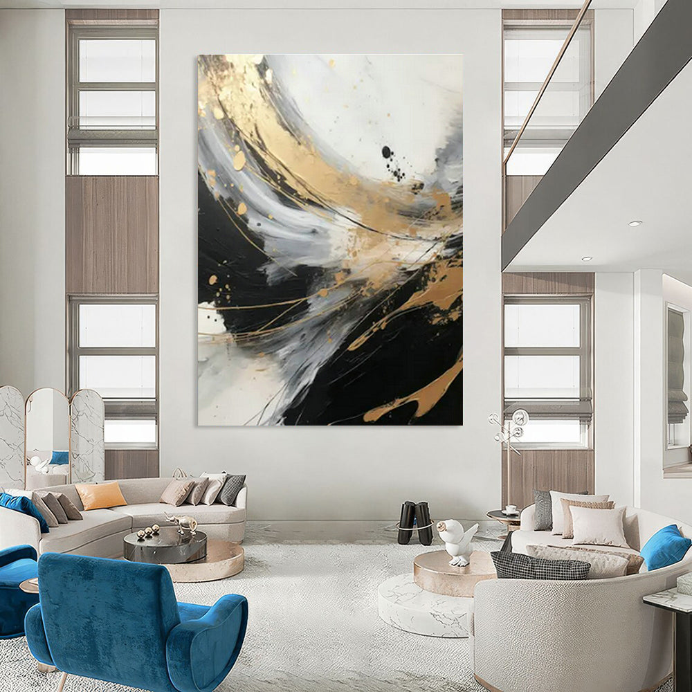 Black - Gold - Silver Abstract Art for Trendy Nightclub & Modern Home Office DLZ1732