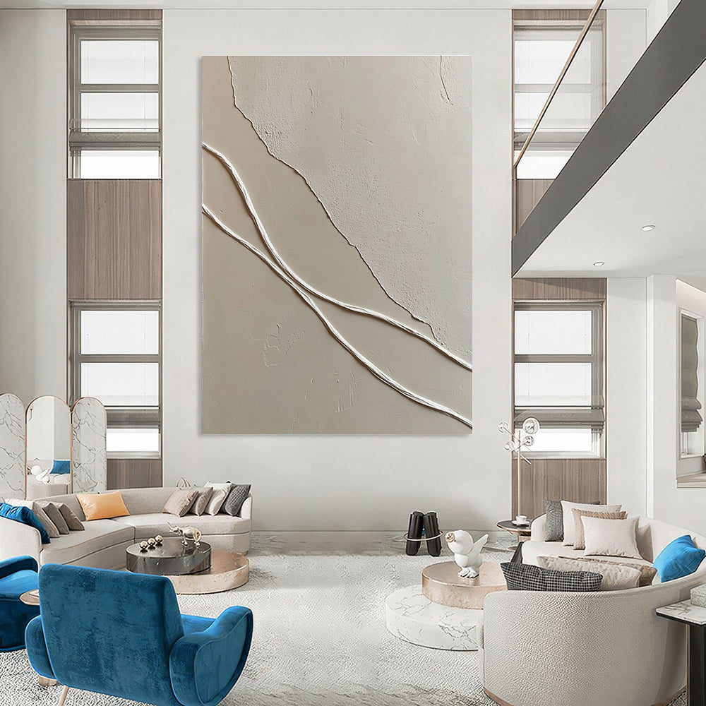 Minimalist White Lines on Beige for Scandinavian - Style Living Room & Contemporary Art Gallery STSC941