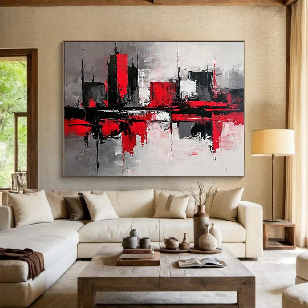 Red - Black Cityscape Abstract Art for Corporate Boardroom & Urban - Themed Bar SC239