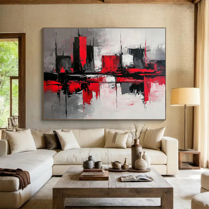 Red - Black Cityscape Abstract Art for Corporate Boardroom & Urban - Themed Bar SC239