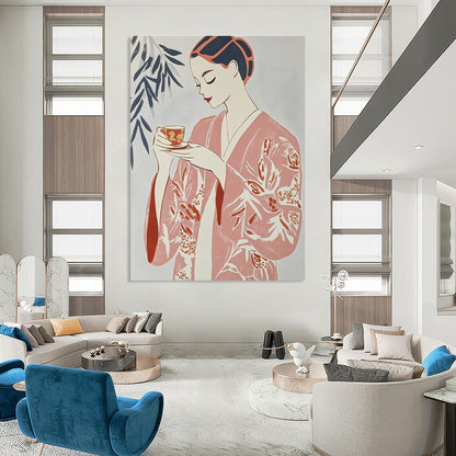 Woman in Pink Kimono Art for Japanese - Inspired Tea House & Minimalist Living Room STSC1314