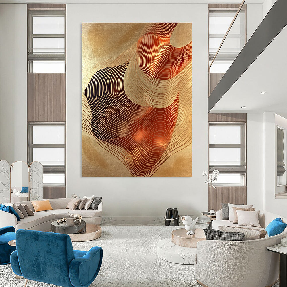 Golden Wavy Lines Art for Luxury Hotel Lobby & Modern Home Living Room STSC1440