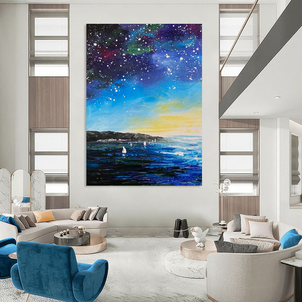 Starry Sea View Oil Painting for Bedroom & Cottage DLZ0346