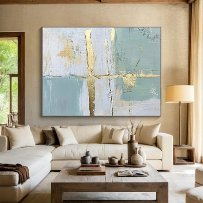 Light Blue & Gold Abstract Art for Coastal Home Office & Serene Yoga Studio SC326