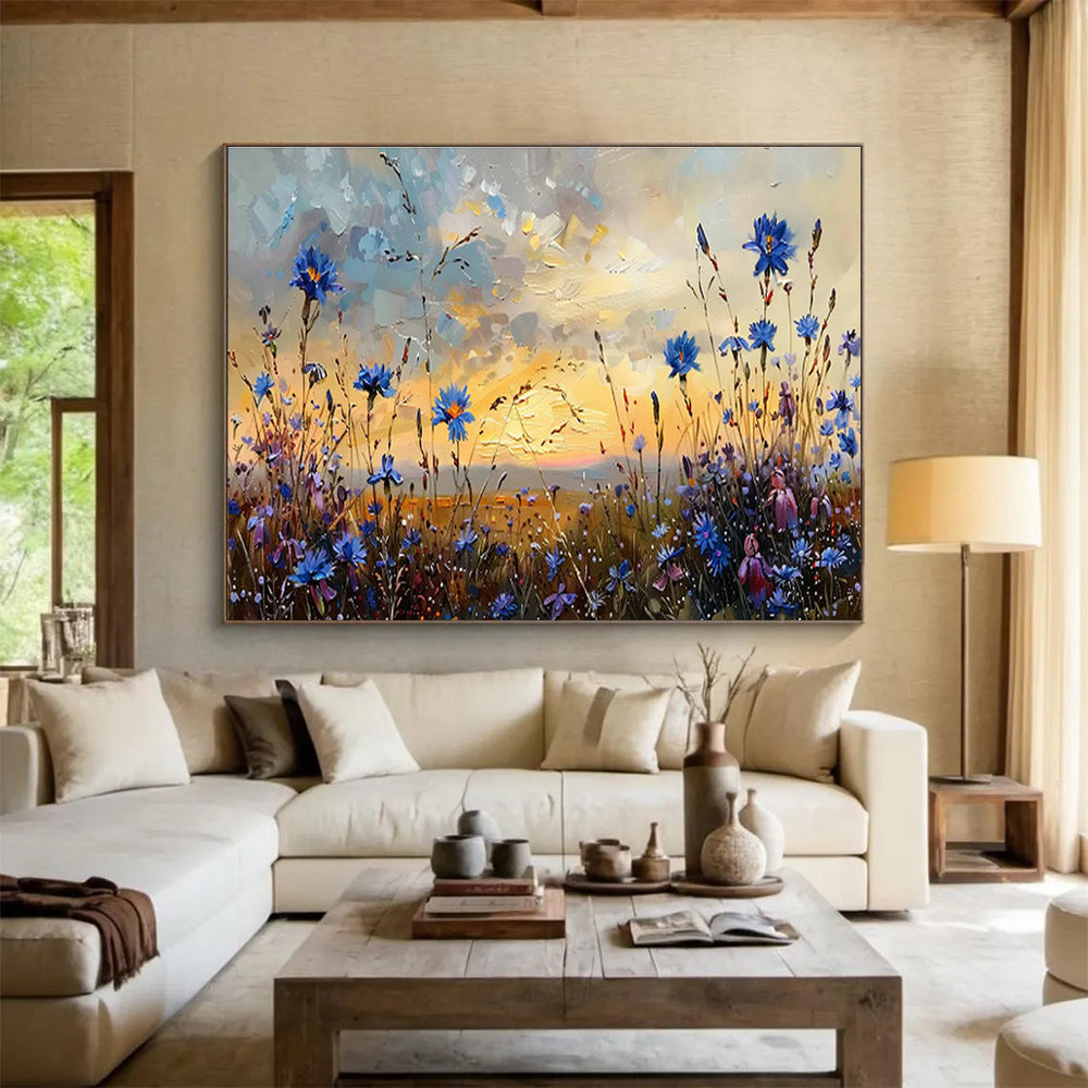 Blue Wildflower Field at Sunset Art for Romantic Outdoor - Inspired Patios DLZ3082