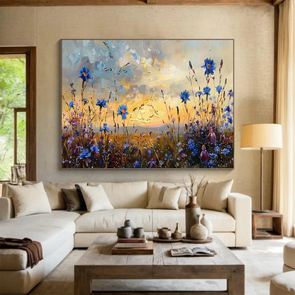 Blue Wildflower Field at Sunset Art for Romantic Outdoor - Inspired Patios DLZ3082