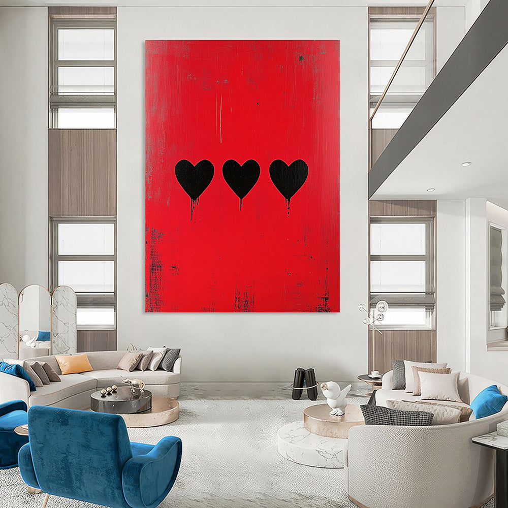 Three Black Hearts on Red for Romantic Lounge & Eclectic Home Bar STSC1164