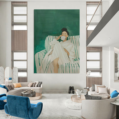 Woman in White Robe on Green Sofa Art for Spa Retreat & Cozy Bedroom DLZ0690