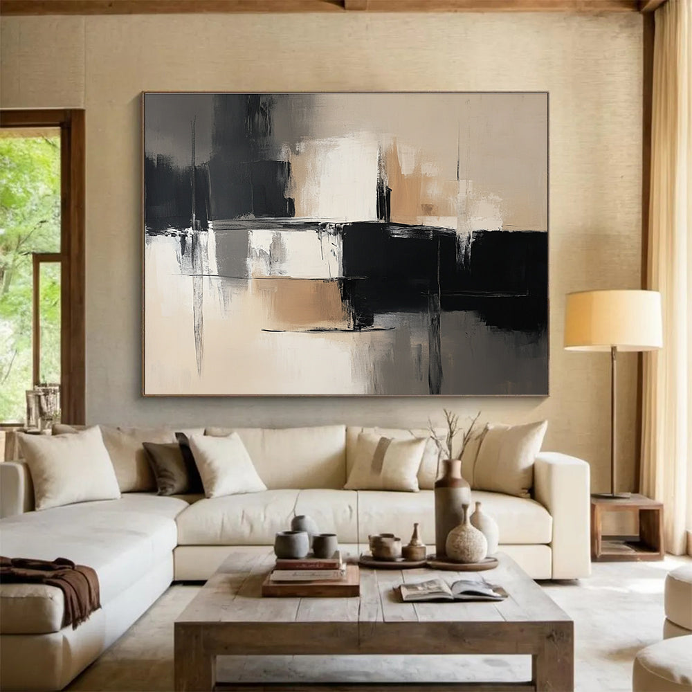 Black - Beige Geometric Abstract Art for Modern Office Lounge & Art Gallery SC229